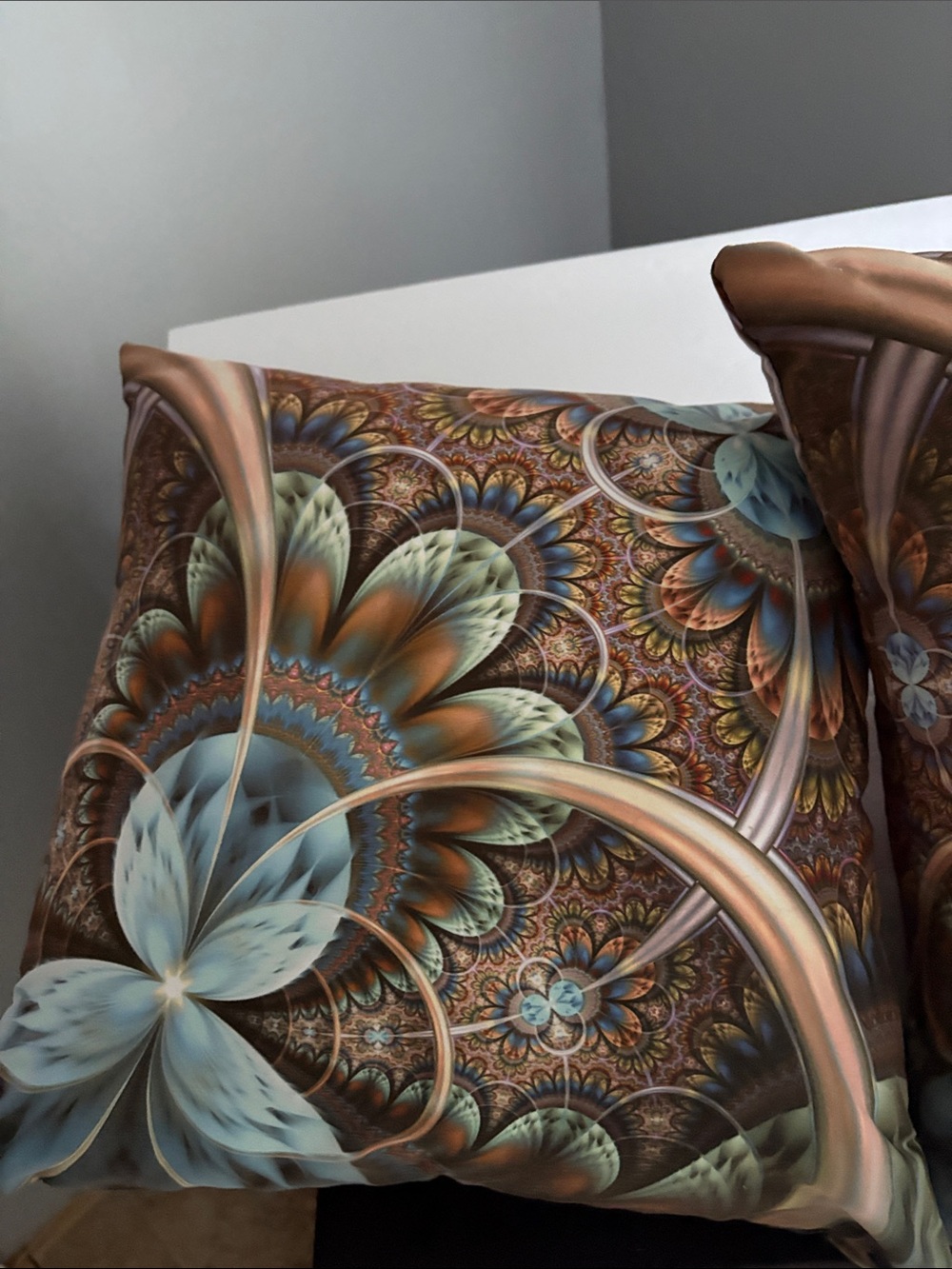 Decorative Floral Fractal Throw Pillow - Brown & Blue (2)